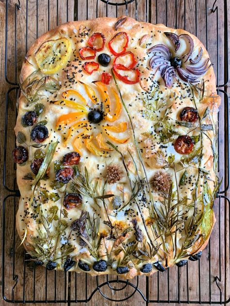 Cheese, Red Pepper Pesto & Walnut Babka - Lavender and Lovage Decorated Foccacia, Fancy Foccacia, Decorative Bread, Focaccia Art, Pasta Shop, Foccacia Bread, Red Onion Relish, Bread Art, Lavender Garden