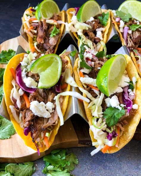 This is my favorite version of healthy pork carnitas tacos! The seasoned slow-cooked pork is served over Mexican slaw in crispy corn tortillas and topped with fresh cilantro, lime, and goat cheese. Talk about a flavor party! Perfect for ... Slaw For Carnitas, Pork Mexican Recipes, Pocket Meals, Pork Mexican, Slaw Tacos, Graduations Ideas, Meatballs Soup, Mexican Slaw, Pork Sirloin Roast