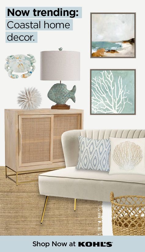 Transforming your space this summer? Create a coastal theme with modern furniture, framed wall art, decorative throw pillows, nautical accents and more. Shop living room decor at Kohl’s and Kohls.com. River House Decor, Office Space Decor, Beach Bathroom, Coastal Theme, Beach Home Decor, Beach Bathroom Decor, Coastal Home Decor, Beach Cottage Decor, Coastal Living Room