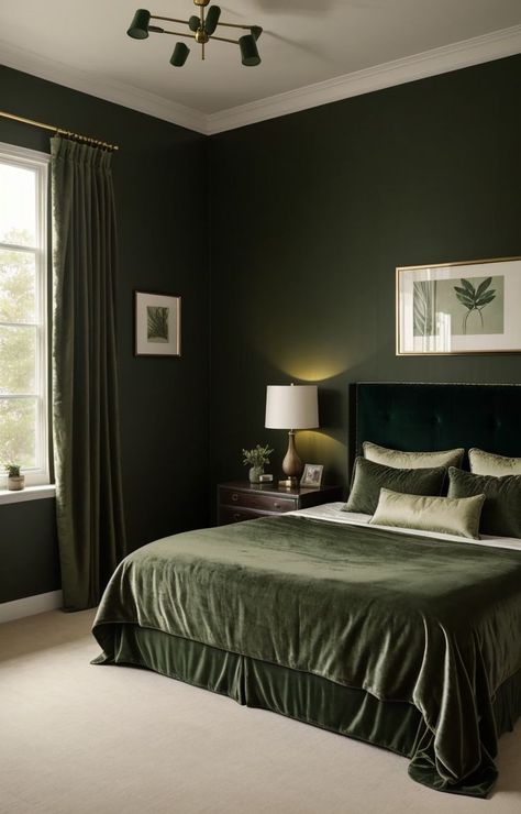 Bedroom Dark Green, Vintage Vanity Table, Green Curtains Bedroom, Purple Earth, Green Room Ideas Bedroom, Dark Green Rooms, Attic Bedroom Ideas, Green Bedroom Walls, Vaulted Ceiling Living Room