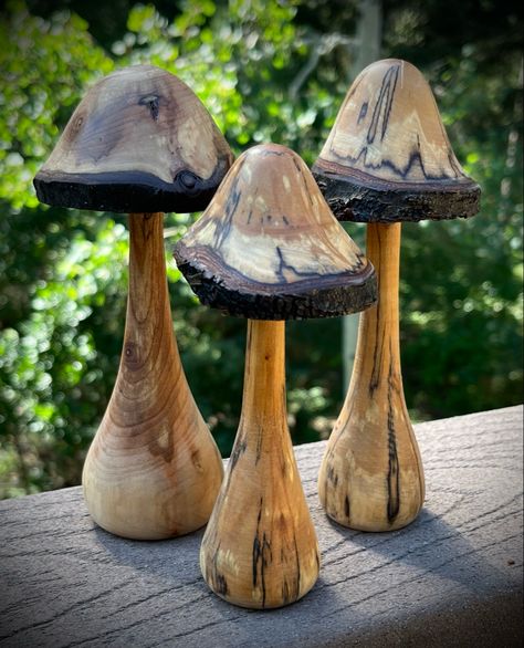 Wood Turning Projects Woodturning Ideas, Wood Mushrooms, Wood Turned Gnomes, Wooden Mushrooms, Woodturning, Wood Carving Mushrooms, Mushroom Whittling, Wood Turned Mushrooms, Wood Carved Mushrooms