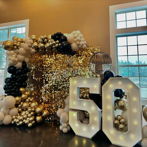 Cheers to 50 fabulous years! 🖤✨ This golden milestone deserved nothing less than a show-stopping setup. Our gold shimmer wall, accented by chic black, gold, and beige balloons, along with a bold ‘50’ marquee, made for a truly unforgettable celebration. The perfect entrance sign set the tone for a night full of memories. Here’s to half a century of amazing moments! 🎉🎈 #50AndFabulous #BalloonStyling #SculptedAir #HoustonDecor #MilestoneBirthday Gold Sequin Wall With Balloons, Beige Balloons, Gold Shimmer Wall, Sequin Wall, Shimmer Wall, 50 & Fabulous, 50 And Fabulous, Entrance Sign, Gold Shimmer