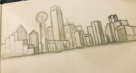 Dallas Skyline Drawing, Dallas Drawing, Two Point Perspective City, Skyline Drawing, Dallas City, Cool Tattoo Drawings, Dallas Skyline, City Drawing, Point Perspective