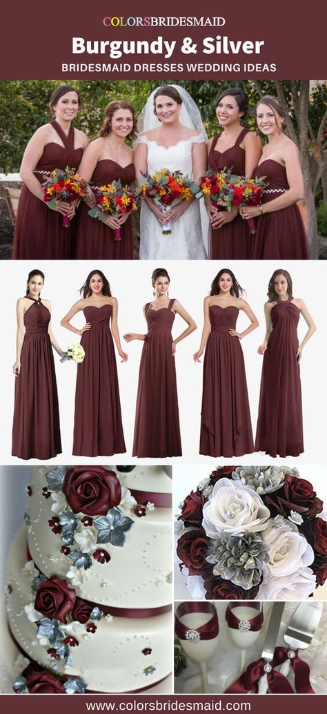 Burgundy and silver bridesmaid dresses $69-99, 500+ styles, custom made, all sizes. #colsbm #bridesmaids #weddings #weddingideas #burgundywedding #silverwedding Maroon And Silver Wedding Decorations, Silver And Maroon Wedding, Burgundy And Silver Wedding Theme, Wine And Silver Wedding Colors, Burgundy And Silver Wedding Decorations, Silver And Burgundy Wedding, Maroon And Silver Wedding, Burgundy And Silver Wedding, Burgundy Silver Wedding