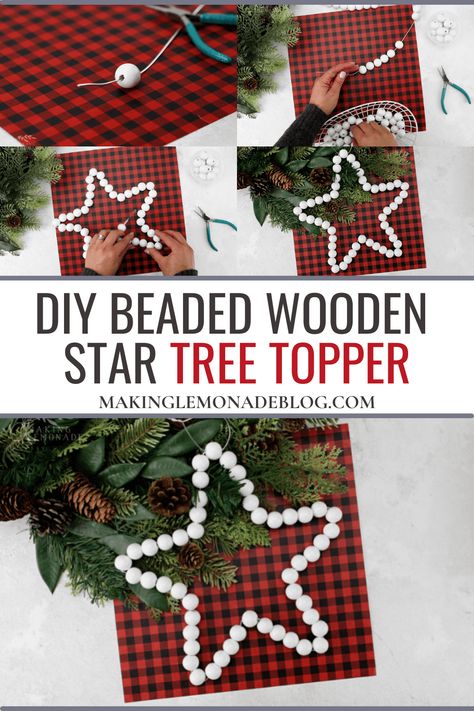 Learn how to make your own simple tree topper using wooden beads and wire! Whether you like a rustic, Scandi, farmhouse, or minimalist style for your Christmas decor this beautiful DIY tree topper will fit right in. Wooden Star Tree Topper, Wooden Bead Star, Rustic Tree Topper, Scandi Farmhouse, Diy Tree Topper, Star Christmas Tree Topper, Bead Star, Star Christmas Tree, Simple Tree