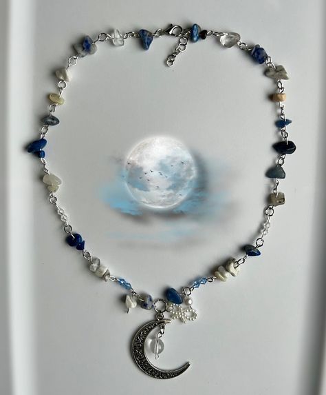 handmade moon crystal necklace 🌙💙˚✧₊ price- $20 plus shipping #handmade #handmadejewelry #crafts #crystals #crystaljewelry #beads #beaded #beadedjewelry Necklaces Diy Beaded, Crystal Necklace Diy, Moon Crystal Necklace, Necklaces Diy, Mystic Moon, Beaded Boxes, Beaded Necklace Diy, Crystal Necklaces, Moon Crystal