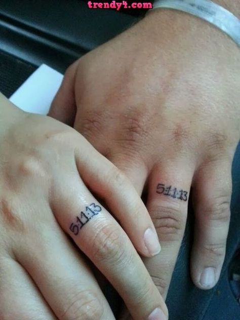 Wedding Ring Tattoos / http://www.himisspuff.com/wedding-band-ring-tattoos/3/ Wedding Date Tattoos, Wedding Ring Finger Tattoos, Marriage Tattoos, Anniversary Tattoo, Ring Tattoo Designs, Wedding Band Tattoo, Tattoo Band, Wedding Ring Finger, Wedding Ring Tattoo