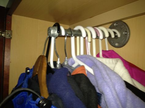 Coat Storage in a Cabinet - Create a hook or rod to hang coats on using cheap plumbing supplies! Hanging Coats Ideas, Hang Coats Ideas, Jordans Closet, Coat Closet Storage, Organising Ideas, Closet Shelf, House Elements, Coat Storage, Cook More