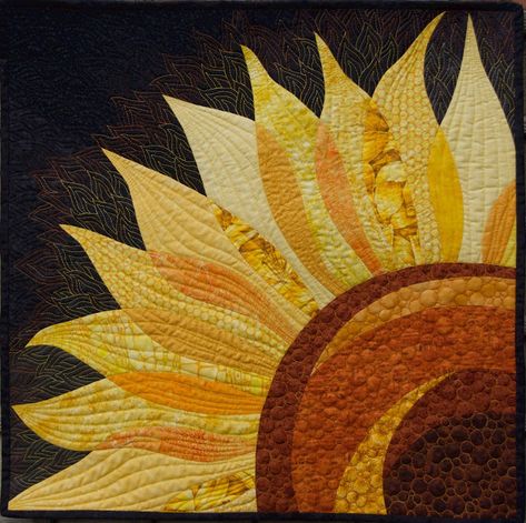 Quilt Art by Olena Pugachova: Winter Sun Sunflower Quilt, Flower Quilt Patterns, Sunflower Quilts, Landscape Art Quilts, Stained Glass Quilt, Boho Quilt, Fleurs Diy, Landscape Quilt, Quilt Modernen