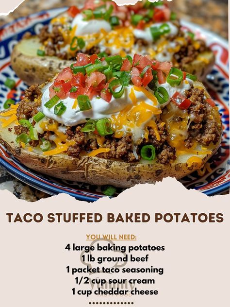 🥔 Reinvent dinner with our Taco Stuffed Baked Potatoes! A fun twist on taco night. #TacoTuesday 🍽️ Taco Stuffed Baked Potatoes 🛒 Ingredients: 4 large baking potatoes 1 lb ground beef 1 packet taco seasoning 1/2 cup sour cream 1 cup cheddar cheese, shredded 1/4 cup green onions, chopped Salsa and jalapenos for garnish 👩‍🍳 Instructions: Bake: Potatoes at 400°F until tender, about 1 hour. Cook: Brown ground beef, add taco seasoning. Assemble: Slice potatoes, fluff with fork, top with beef, c... Baked Potatoes With Chili, Taco Stuffed Potatoes, Taco Stuffed Baked Potatoes, Taco Baked Potato Recipes, Ground Beef Baked Potato, Baked Potato Recipes Stuffed, Taco Baked Potato, Taco Potatoes, Ground Beef Taco Seasoning