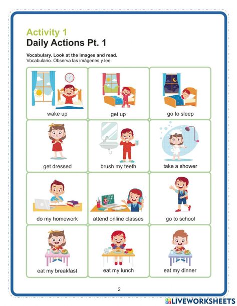 Daily Actions, daily routines, daily activities online worksheet for Grade 2. You can do the exercises online or download the worksheet as pdf. Daily Activities Flashcards, Daily Activities Worksheet, Daily Routine Activities For Kids, Daily Activities For Kids, Daily Routine Worksheet, Daily Routine Chart For Kids, Daily Routine Activities, Kids Routine Chart, Daily Routine Chart