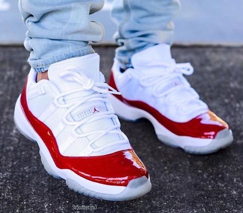 Varsity red/cherry 11's low Nike Jordan 11, Celebrity Sneakers, Jordan 11 Cherry, Jordan Retro 11 Low, Red And White Outfits, Styling Jordans, Jordan 11s, Jordan Retro 11, Red Jordans