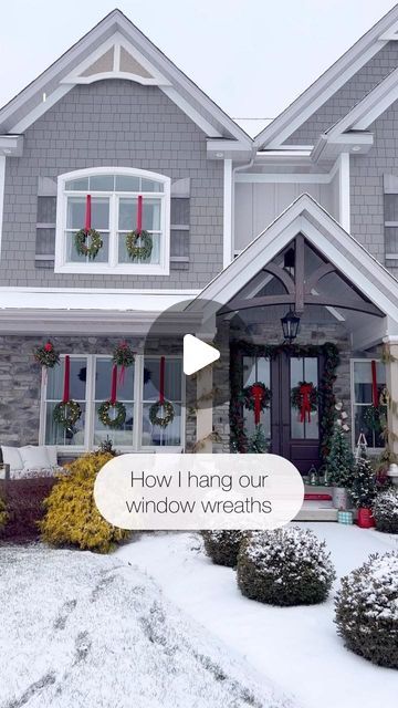 Kati Nairn | Beyond Gray on Instagram: "Lots of different window wreath methods out there but this is the one I’ve been using for years and it works! I usually have to replace the ribbon each year because it’s exposed to the weather elements all holiday season long which is why I don’t spend a lot of $ on the ribbon. Last year, we added lights to all the wreaths which required a lot of extension cords but looked really pretty at night. I like hanging the wreaths from the top of the window because you see more of the red ribbon and it makes each window really pop. ✨" Hanging Wreaths On Windows With Ribbon, Wreath Hanging From Ribbon, How To Hang Wreaths On Windows, Wreath Methods, Christmas Wreaths For Windows, Christmas Window Lights, Ribbon Wreath Christmas, Window Wreath, Lighted Wreaths