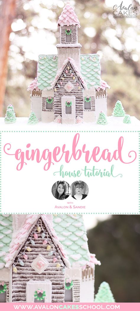 Enchanted Pastel Gingerbread house? Yes please! Learn how to make and build this gorgeous pastel gingerbread house! Full video tutorial plus recipes and templates! A collaboration between Avalon Yarnes and Sandie Beltran (You Can Call me Sweetie) only on avaloncakesschool.com #gingerbreadhouse #pastelchristmas #christmasdisplay Pastel Gingerbread House, Gingerbread House Template Printable, Pastel Gingerbread, Gingerbread Icing, Halloween Gingerbread House, T Rex Cake, Wedding Cake Tutorial, Fondant Cake Tutorial, Gingerbread House Patterns