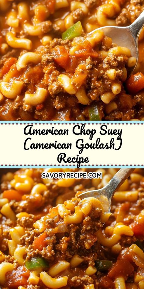 Savor the comfort of American Chop Suey, a classic American Goulash recipe! This hearty dish combines ground beef, pasta, and a rich tomato sauce for a family-friendly meal. Perfect for weeknight dinners, it’s a delicious addition to your ground beef recipes collection. Quick, easy, and oh-so-satisfying! American Chop Suey Recipe, Classic Goulash Recipe, Chop Suey Recipe, Easy Goulash Recipes, American Chop Suey, Beef Pasta Recipes, American Goulash, Savory Recipe, Goulash Recipe