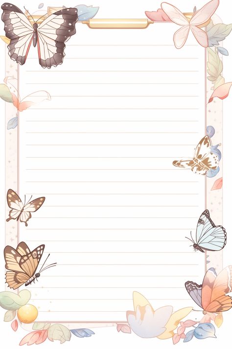 An illustrated notepad, thick writing lines, with butterflies, elaborate borders, in the style of double lines, high detailed, happenings, hanging scroll, screen format, flat shapes, watercolor, hyper - realistic illustrations --style original --ar 2:3 Notepad Design Free Printable, Writing Paper Printable Stationery, Note Pad Design, Writing Lines, Writing Paper Printable, Page Borders Design, Daily Planner Pages, Paper Butterfly, Printable Scrapbook Paper