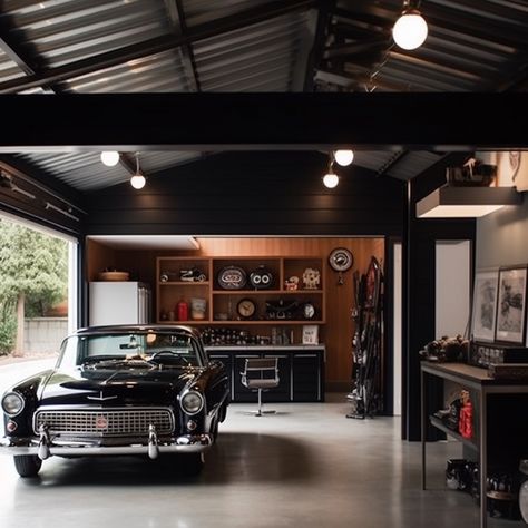 Home Garage Ideas Design, Car Restoration Garage, Industrial Style Garage, Garage Style Interior, Fancy Car Garage, Tv Stand With Mounted Tv, Retro Garage Ideas, Masculine Garage, Tv Shelf Bedroom