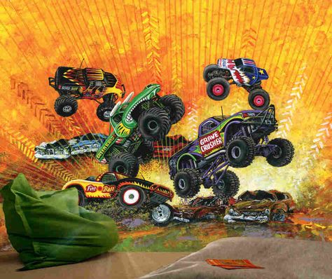 Mural "Big Wheels". A Wallpaper Mural by Muralunique.com. Original painting from Tony Floreani. Monster Truck Wallpaper, Cartoon Monster Truck, Truck Wallpaper, Kids Room Murals, Big Wheels, Murals For Kids, Colorful Murals, Cartoon Monsters, A Wallpaper