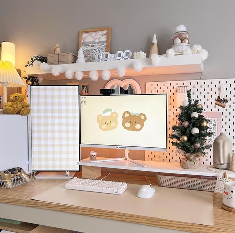 We're feeling inspired by this festive desk decor 🎄 if you're a fellow cozy gamer, we found the cutest accessories to add to your Christmas wishlist Cute Keyboards, Christmas Desk Decor, Christmas Desk, Aesthetic Gaming, Cozy Gamer, Holiday Contest, Girl Desk, Desks For Small Spaces, Desk Inspo