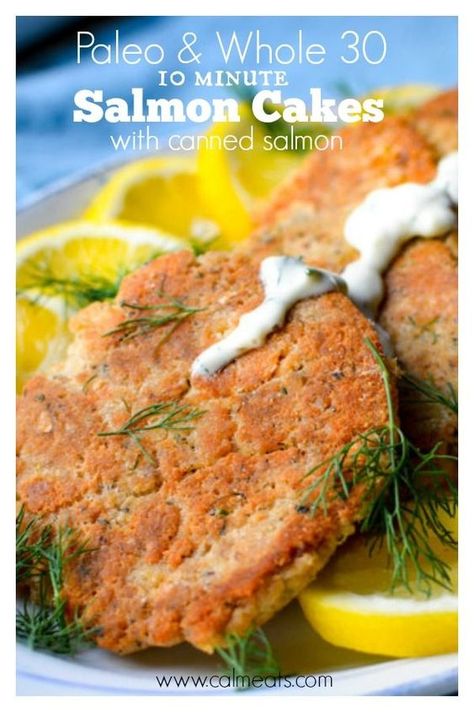 I can't say enough about salmon cakes. They're my ultimate go to 10 minute dinner. I make them more than probably any other dish. They pair beautifully with a lemony dill sauce and all you need is canned salmon. These salmon cakes are paleo and whole 30 so grab the link and you'll have dinner on the table in no time! #calmeats, #salmoncakes, #seafood, #paleodinner, #10minutedinner, #quickmeals, #whole30recipes, #paleorecipes, #whole30, #salmon, #cannedsalmonrecipes, #cannedsalmon Healthy Salmon Cakes, 10 Minute Dinner, Whole30 Salmon, Cakes With Lemon, Paleo Salmon Cakes, Canned Salmon Recipes, Lemon Dill Sauce, Canned Salmon, Garlic Butter Salmon