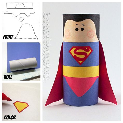 Make a fun Superman craft from a recycled cardboard tube and construction paper! A free pattern is included at Crafts by Amanda. Superman Crafts, Cardboard Tube Crafts, Hero Crafts, Superhero Crafts, Toilet Roll Craft, Toilet Paper Crafts, Diy Toilet, Toilet Paper Roll Crafts, Paper Roll Crafts