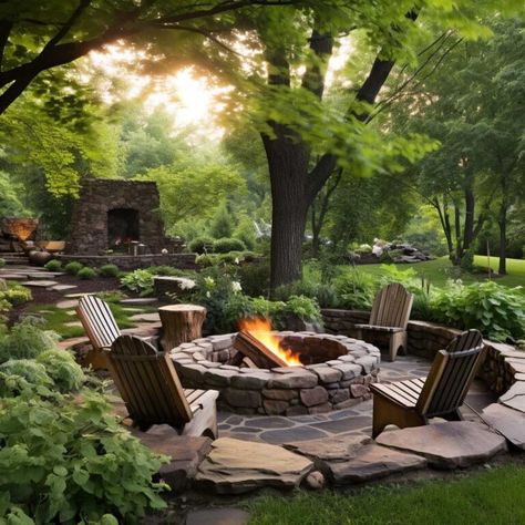 Enhance Your Outdoor Space with a Stunning Fire Pit Garden Cool Outdoor Firepits, Fire Pit Cottage, Fire Pit On Sloped Yard, Lake House Ideas Outdoor, Backyard Fire Pit Ideas Lounge Areas, Stone Fireplace Outdoor, Fire Pit Ideas Outdoor, Natural Stone Fire Pit, Fire Pit Areas