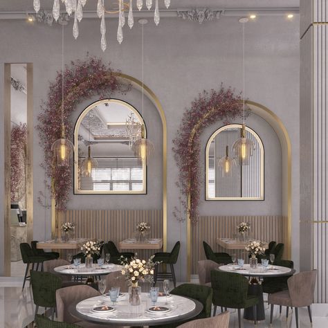 Transitional Restaurant Design, Fancy Restaurant Interior, Pastel Restaurant, Fine Dining Restaurant Interior Design, Fancy French Restaurant, Victorian Restaurant, Coffee Paris, Baroque Interior Design, Resturant Design