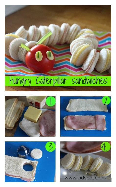 Hungry caterpillar sandwiches Caterpillar Sandwiches, Snacks For Kids Birthday Party, Birthday Party Snacks For Kids, Hungry Caterpillar Craft, Hungry Caterpillar Activities, Caterpillar Party, Hungry Caterpillar Party, Hungry Caterpillar Birthday, Kids Cookbook