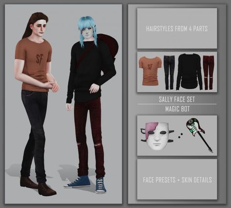 Magic Bot: Sally Face set • Sims 4 Downloads Sally Face Larry, Custom Sims, Mens Grunge, Emo Accessories, Unusual Clothes, Sally Face Game, Skin Details, Sims 4 Cc Makeup, Sims 4 Cc Skin