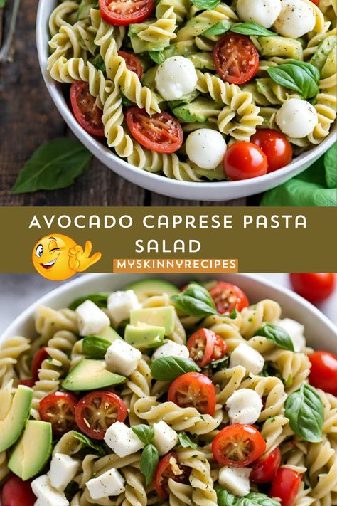 🥑✨Delight your taste buds with this refreshing Avocado Caprese Pasta Salad! 🍅🧀 Bursting with flavor from ripe avocados, cherry tomatoes, fresh mozzarella, and basil, all tossed in a tangy balsamic dressing. ⏲️ Quick to prepare in under 30 minutes, perfect for a light lunch or as a side dish for dinner gatherings. 🥗 Serve chilled and savor the goodness!  "#myskinnyrecipes #avocado #pastasalad #caprese #recipeideas Spicy Peanut Noodles, Broccoli Pasta Bake, Avocado Pasta Salad, Mozzarella Balls, Pasta Salad Ingredients, Caprese Pasta Salad, Caprese Pasta, Broccoli Pasta, Spicy Peanuts