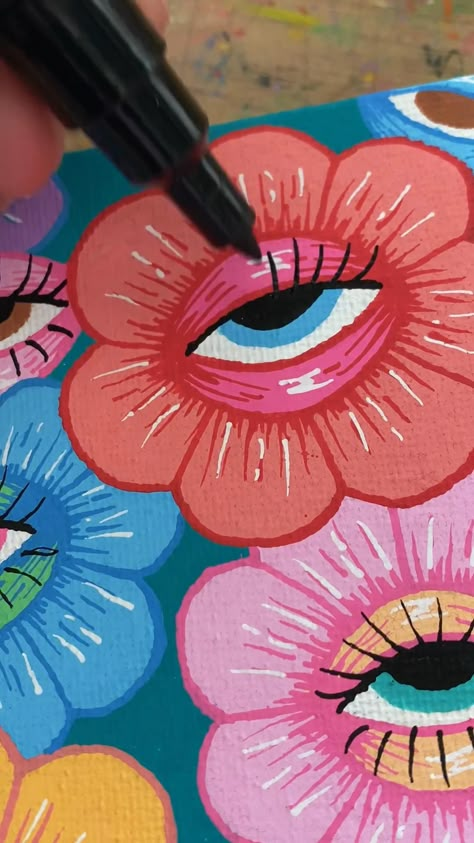 Oil Paint Marker Art, Paint Markers Ideas On Canvas, Easy Funky Art, Posca Art Ideas Inspiration, Acrylic Paint Marker Art Ideas, Posca Drawing Ideas Aesthetic, Simple Posca Art, Eye Flower Drawing, Posca Pens Art Drawings