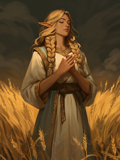 Sumnes, Acolyte of Chauntea, Elf Cleric or Druid, Goldenfields, Storm King's Thunder Irish Character Art, Sun Cleric Dnd, Earth Genasi Cleric, Old Elf Dnd, Light Domain Cleric Dnd, Dnd Acolyte, Order Cleric, Acolyte Dnd, Cleric Pose