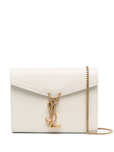 Cream leather Cassandra crossbody bag from SAINT LAURENT featuring foldover top, signature YSL logo plaque, internal slip pocket and gold-tone hardware. Metallic Leather Bag, Ysl Bags, Bag Names, Ysl Logo, Yves Saint Laurent Bags, Designer Crossbody Bags, Shopper Tote, Saint Laurent Bag, Wallet Chain