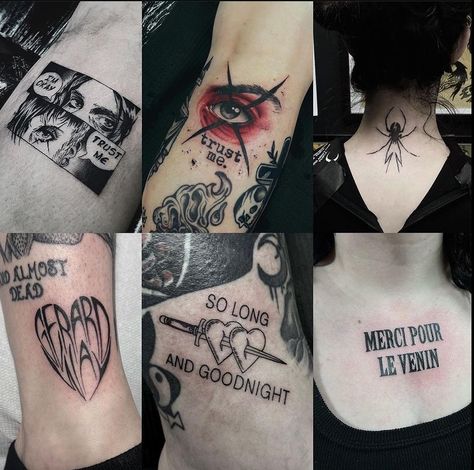 My chemical romance tattoos Demolition Lovers Tattoo Mcr, Frank Iero Tattoos Ideas, Gerard Way Tattoo Ideas, Emo Tattoo Sleeve, My Chemical Romance Tattoo Small, Helena Tattoo My Chemical Romance, The Used Tattoo Band, Goth Filler Tattoo, Falling In Reverse Tattoos Ideas