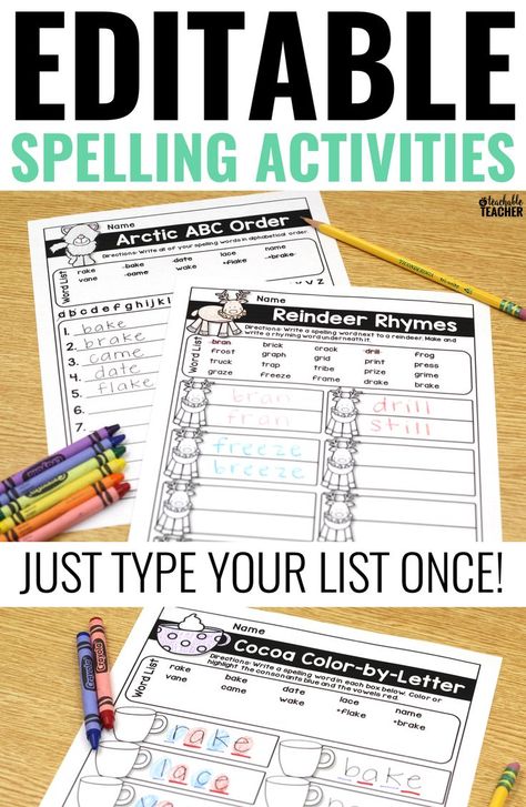 Editable WINTER SPELLING ACTIVITIES - Type the word list ONCE and they appear on every page.Great for differentiating! Great for spelling homework, vocabulary word practice, sight word reading activities, word work centers kindergarten, first grade reading, struggling readers, etc. Teaching Reading Fluency, Sight Word Printables, Spelling Practice Worksheets, Teaching Digraphs, Teaching Prefixes, Spelling Word Practice, Word Flashcards, Planning School, Teaching Spelling