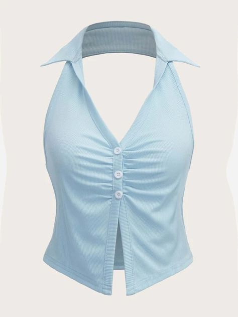 Collared Halter Top, Tang Top, Blue Tang, Ribbed Halter Top, Best Friend Outfits, Fitness Wear Outfits, Frocks For Girls, Women Tops, Cute Tops