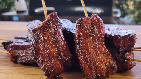 Pork Belly Skewers Recipe, Smoked Pork Belly Lollipops, Pork Belly Lollipops, Filipino Pork Bbq, Pork Belly Strips, Pellet Smoker Recipes, Smoker Ideas, Sweet Bbq Sauce, Pork Belly Recipes