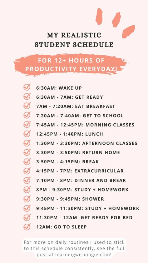 Check out this productive daily routine schedule for students to help you get more accomplished everyday. This is the schedule I followed in high school to be consistently productive for 12+ hours everyday. Although you likely won’t be able to follow it exactly, my full post includes 17 daily routines that motivated me to stick to this schedule. Make sure to check it out for daily routines you can also use to be more productive. Productive Daily Routine Schedule, Daily Routine Schedule For Students, High School Schedule, Homework Schedule, Study Time Table, School Routine For Teens, Daily Routine Schedule, Morning Routine School, Daily Routine Planner