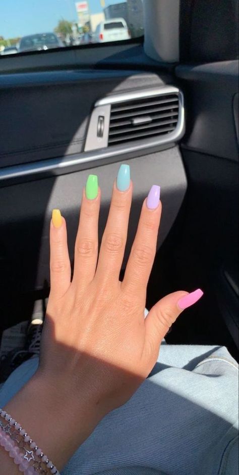 Easter Color Nails, Pastel Color Nails, Multicolored Nails, Pastel Nails Designs, Easter Nail Designs, Plain Nails, Spring Acrylic Nails, Coffin Shape Nails, Acrylic Coffin