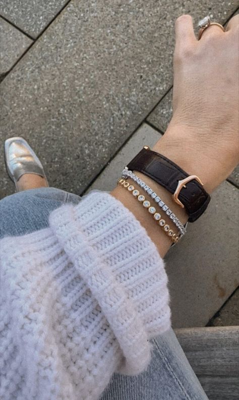 DORSEY TENNIS BRACELET STACK WITH ROSE GOLD CARTIER TANK LOUIS Paris Girl Style, Paris Style Aesthetic, Tennis Bracelet Stack, Cartier Tank Watch, Cartier Tank Louis, Diamond Facts, Bracelet Cartier, Tank Watch, Minimal Street Style