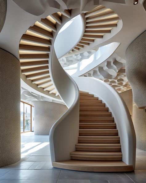 We love this new #CurvedWall Trend! Here's some inspiration if you're looking for nontraditional ideas. Curving Staircase, Stairs Minimalist, Round Staircase, Stairs Indoor, Curved Stairs, Luxury Stairs, Round Stairs, Staircase Outdoor, Circular Stairs