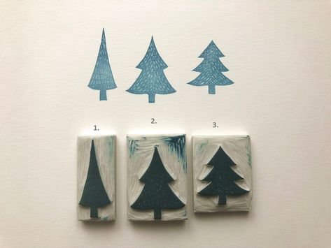 Three different Christmas Tree designs.  You can choose one or all and make a delicate winter wall decor, cards for Christmas or just doodling in your journal :) Trees are  3,5 cm, 4 cm and 4,5 cm high.   ( 1.4'  ,  1.6'  ,  1.8' )   These stamps are unmounted. Rubber is thick enough to comfortable using.  I can make a wooden handle on request.  All stamps are 'made-to-order' and will be carved after the time of purchase;  please note that there will be slight variations from the stamp pictured Christmas Rubber Stamps, Stamp Carving Ideas, Hand Carved Stamps Diy, Christmas Tree Stamp, Print Making Designs, Christmas Stamps Rubber, Different Christmas Trees, Landscape Christmas, Winter Wall Decor