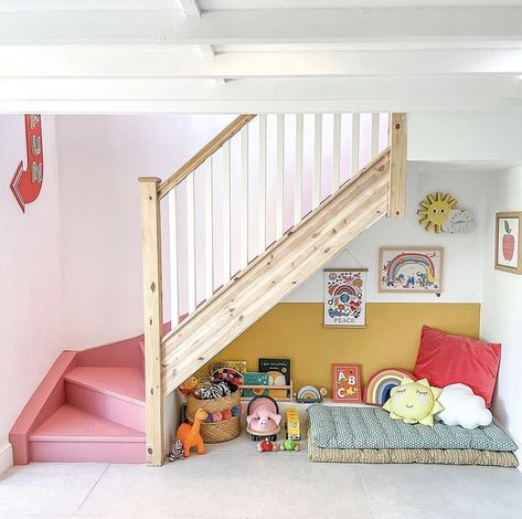 Under The Stairs Book Nook, Under Stairs Ideas For Kids, Under Stairs Nook Kids, Playhouse Under The Stairs, Under Staircase Ideas, Kids Indoor Play Area, Storage Under Staircase, Under Stairs Playhouse, Under Stairs Playroom