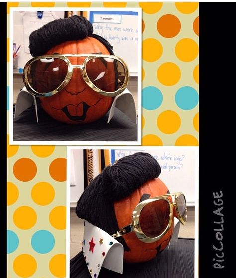 Elvis has left the pumpkin patch! Haha #elvispumpkin Elvis Presley Pumpkin Decorating, Elvis Pumpkin Painting, Elvis Pumpkin Decorating, Elvis Pumpkin, Decorating Pumpkins Without Carving, Book Pumpkin, Halloween Pumpkin Crafts, Character Pumpkins, Pumpkin Decorating Contest