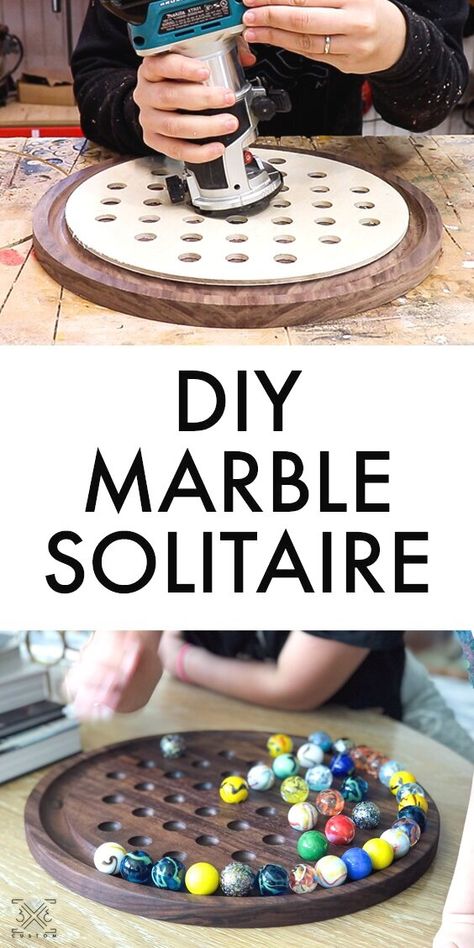 DIY Marble Solitaire Game Diy Marble Game Board, Marble Games Diy, Wood Marble Game, Marble Games Board, Wood Board Game, Wood Games To Make, Wooden Games To Make, Wood Games Diy, Wooden Games Diy