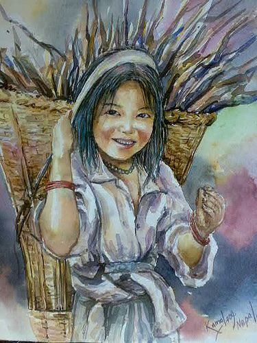 Nepali painting of a village girl, carrying some firewood in a traditional basket, woven from bamboo slices, "Doko". Nepali Painting, Nepal Art, Basic Watercolor, Watercolor Scenery, Basket Drawing, Village Girl, Woven Baskets, Canvas Painting Diy, Painting Of Girl