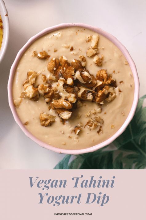 This vegan tahini yogurt dip is super easy to make and takes mere seconds to whip up – you don't even need a blender! Get the full recipe here. #bestofvegan#vegandip#sweetdip#fruitchips#vegandiprecipe#veganyogurt#dairyfreedip Vegan Yogurt Dip, Healthy Yogurt Dip For Veggies, Picnic Dips, Vegan Garlic Dip, Healthy Vegetable Dip Greek Yogurt, Tofu Yogurt Vegan, Healthy Dip Recipes, Vegan Picnic, Fruit Chip