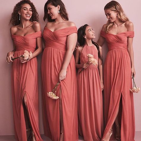 Crisscross Off-the-Shoulder Mesh Bridesmaid Dress | David's Bridal Coral Bridesmaid, Mesh Bridesmaids Dress, Girls Bridesmaid Dresses, Coral Bridesmaid Dresses, Bridesmaid Colors, Wedding Dress Guide, Bridesmaid Dressing Gowns, Cheap Bridesmaid, Summer Dresses For Wedding Guest