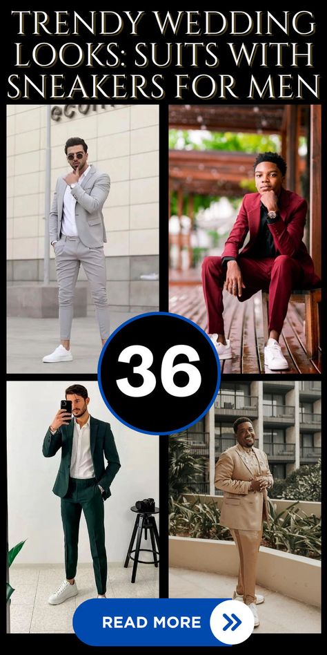 Explore 36 ways to rock suits with sneakers for a contemporary and trendy vibe at weddings. These combinations blend formal elegance with casual flair, ideal for grooms and guests aiming for a fashion-forward statement. Discover how sneakers can elevate traditional suits, creating a stylish and comfortable ensemble that exudes sophistication. #suitswithsneakers #mensweddingfashion #modernweddingstyle #fashionforwardgrooms #weddingguestoutfits #sneakerchic Suit And White Sneakers Men, Tennis Shoes With Suit Men, Dress Clothes With Sneakers, Mens Wedding Fashion Guest, Mens Dress Sneakers Outfit, Suit And Sneakers Men Outfits Wedding, Men Sneaker Ball Outfit Ideas, Sneakers Suit Men, Men’s Suit With Sneakers