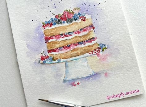 Seema on Instagram: “Letting my brush flow freely on paper…. Art supplies used : @grabieofficial watercolors @grabieofficial brush 2 @grumbacherart cold…” Watercolour Cake Painting, Cake Watercolor Painting, Watercolor Art Cards, Watercolour Cake, Cake Watercolor, Painting Illustrations, Painting Cake, Watercolor Birthday Card, 30 Day Art Challenge